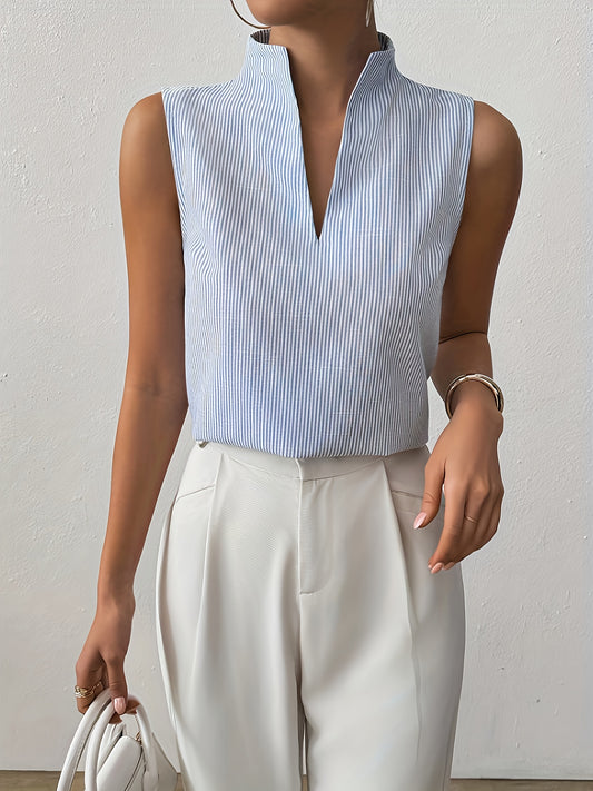 Mouwloze linnen gestreepte blouse met V-hals
