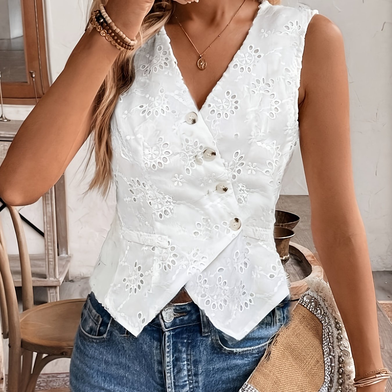 Frans-geïnspireerd mouwloos casual vest met V-hals