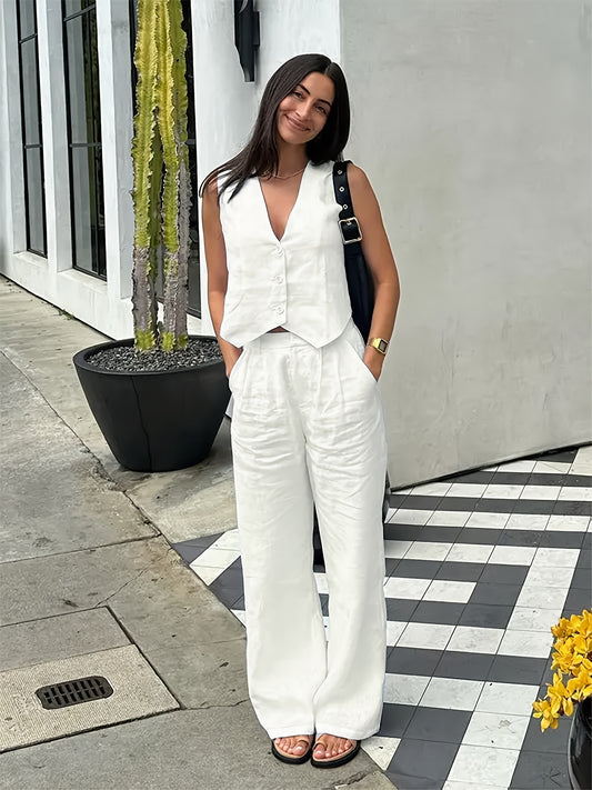 Tweedelige zomerset, mouwloze top en wijde pijpen