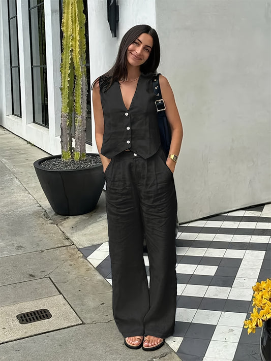 Tweedelige zomerset, mouwloze top en wijde pijpen