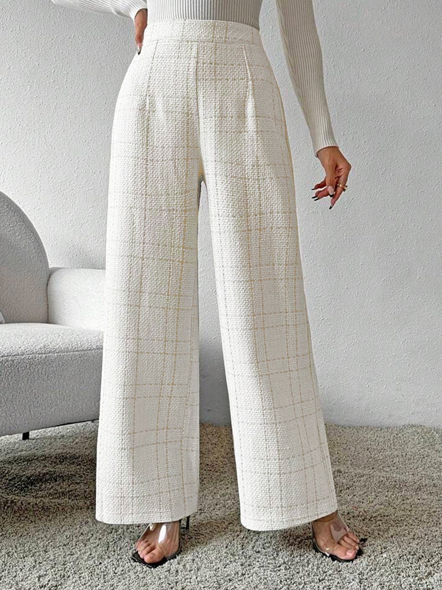 Modieuze geruite gebreide straight leg broek