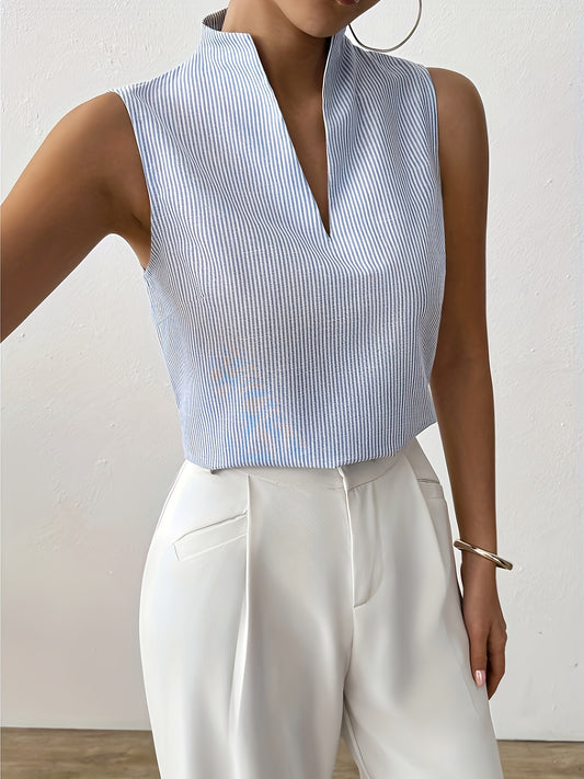 Mouwloze linnen gestreepte blouse met V-hals